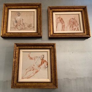 Set of 3 Gold Framed Reproduction of Watteau Drawings